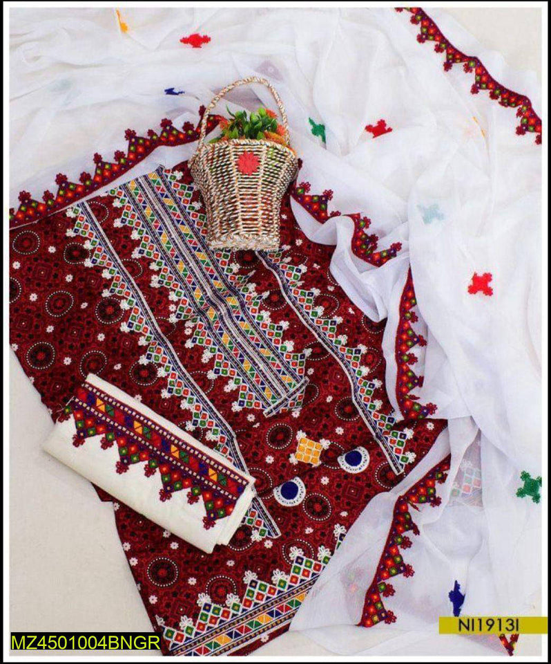 3 pcs fancy ajrak unstitched suit